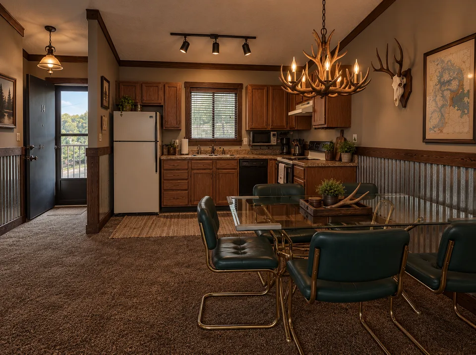 Kitchen with wood cabinets and appliances beside a glass dining table and chairs