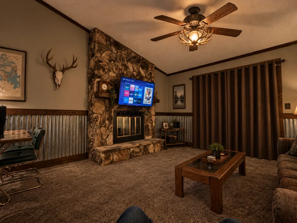 Condo living room with a stone fireplace surround, wall-mounted television, sofa, and coffee table